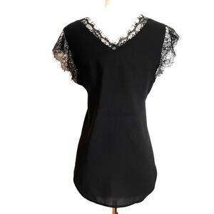 Chic Black Lace-Trim V-Neck Blouse – Size M